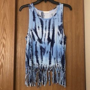 Blue tie dye fringe tank top